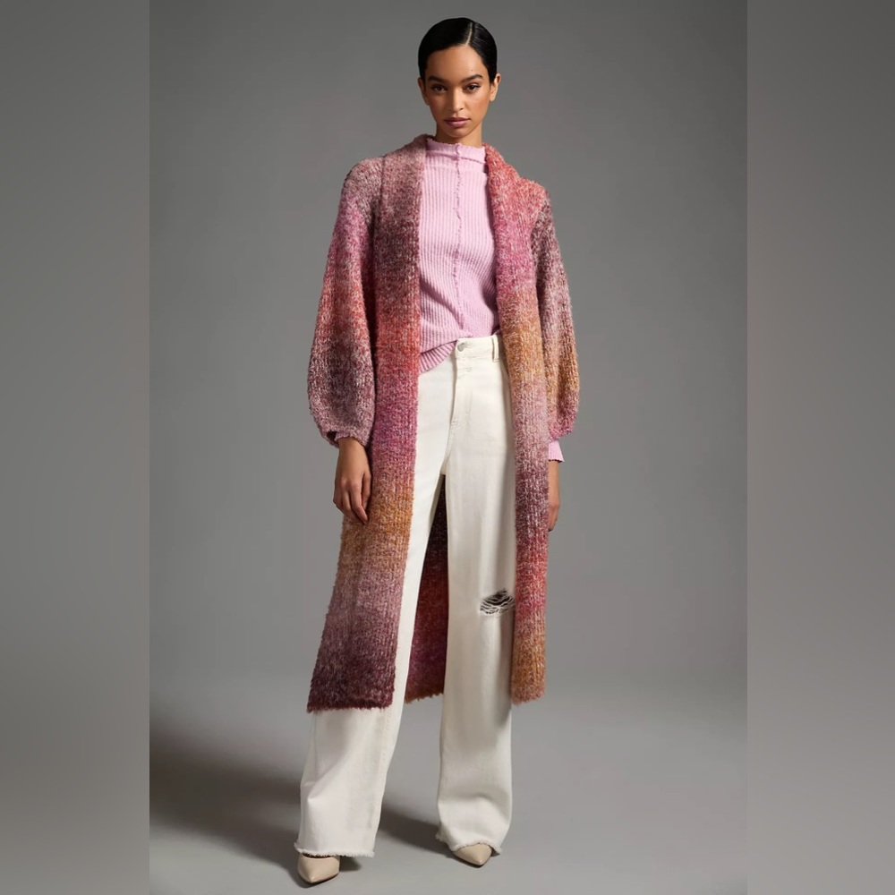 By Anthropologie Ombré Knit Long Duster One Size Pink Orange Sherbet Sunset